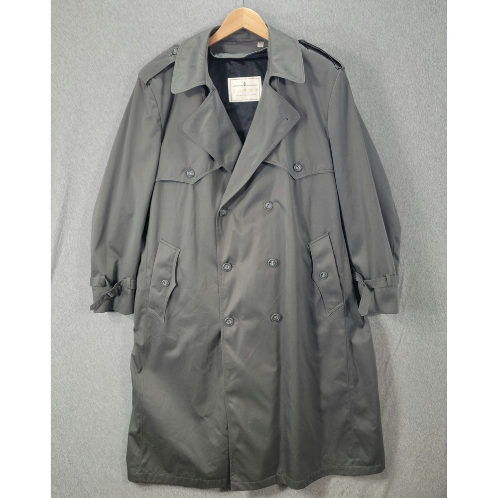 Vintage Towne London Fog Trench Coat Men 44 Gray Double Breasted Dark Academia - Picture 2 of 16